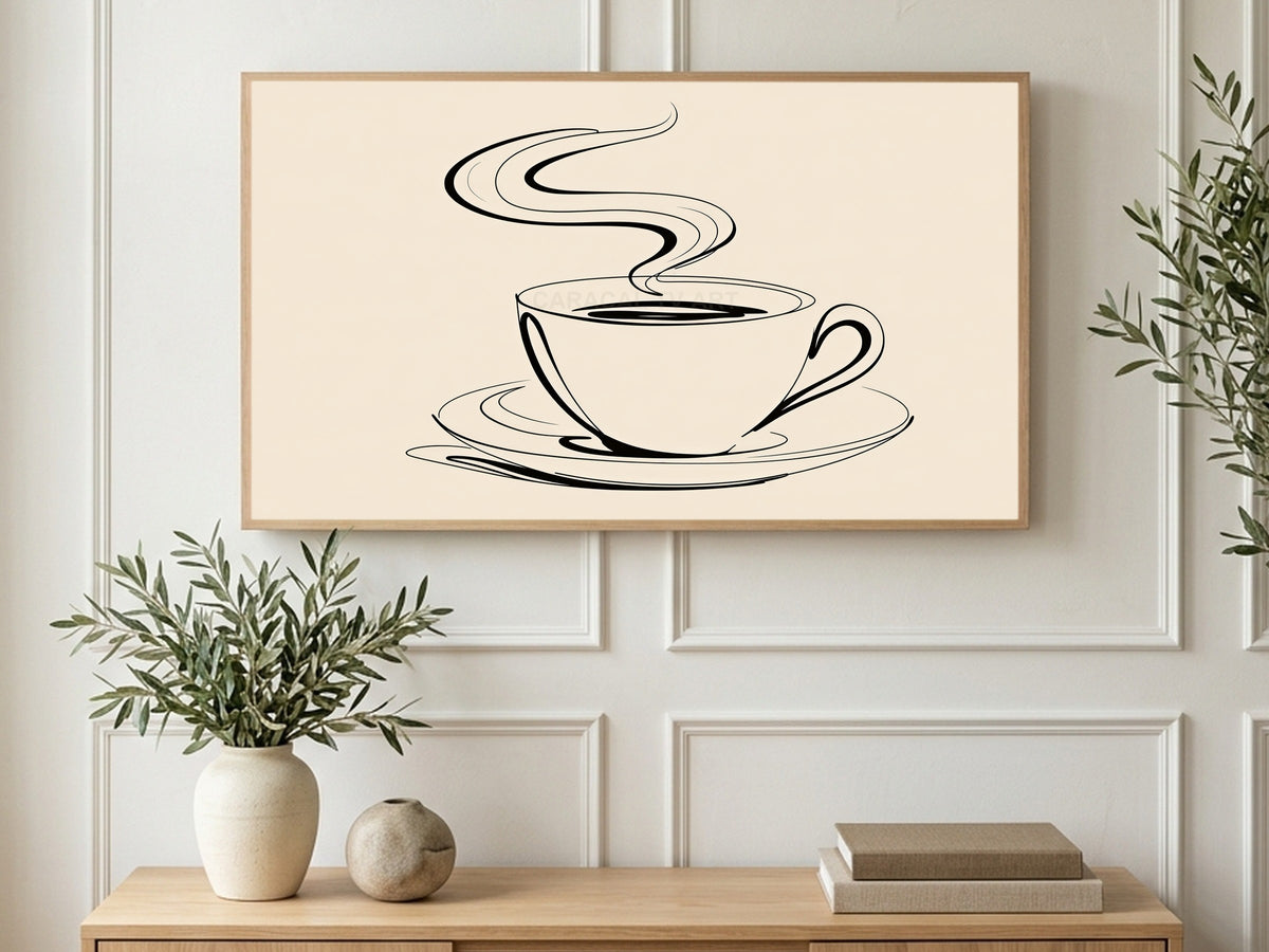 Coffee Cup Line Drawing art on a TV in a living room