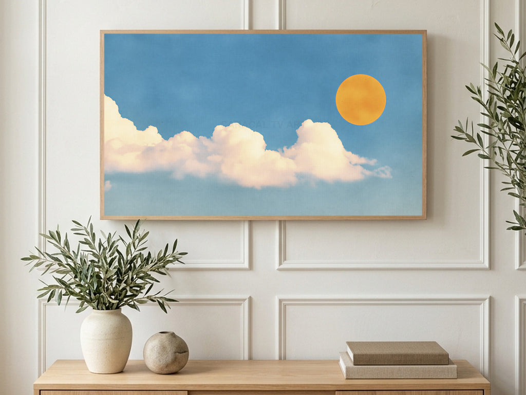 Sun and Cloud Row art on a TV in a living room