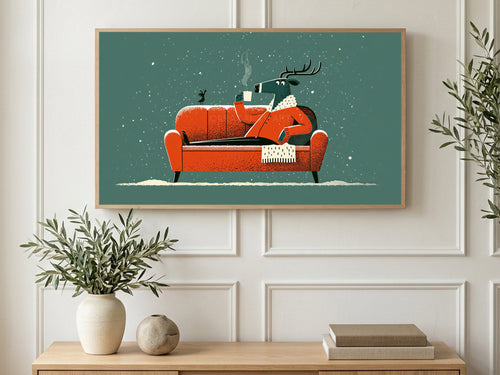 Cardigan Reindeer Lounge art on a TV in a living room