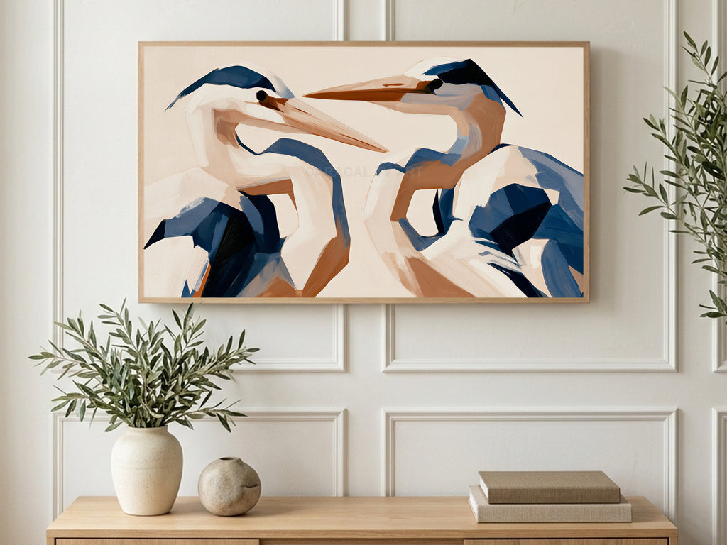 Crossed Beak Herons art on a TV in a living room