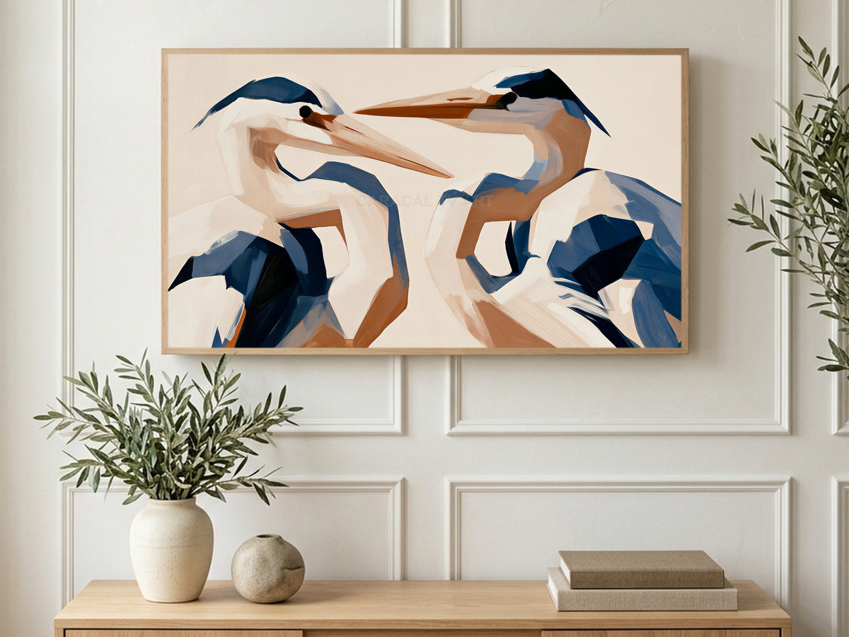 Crossed Beak Herons art on a TV in a living room