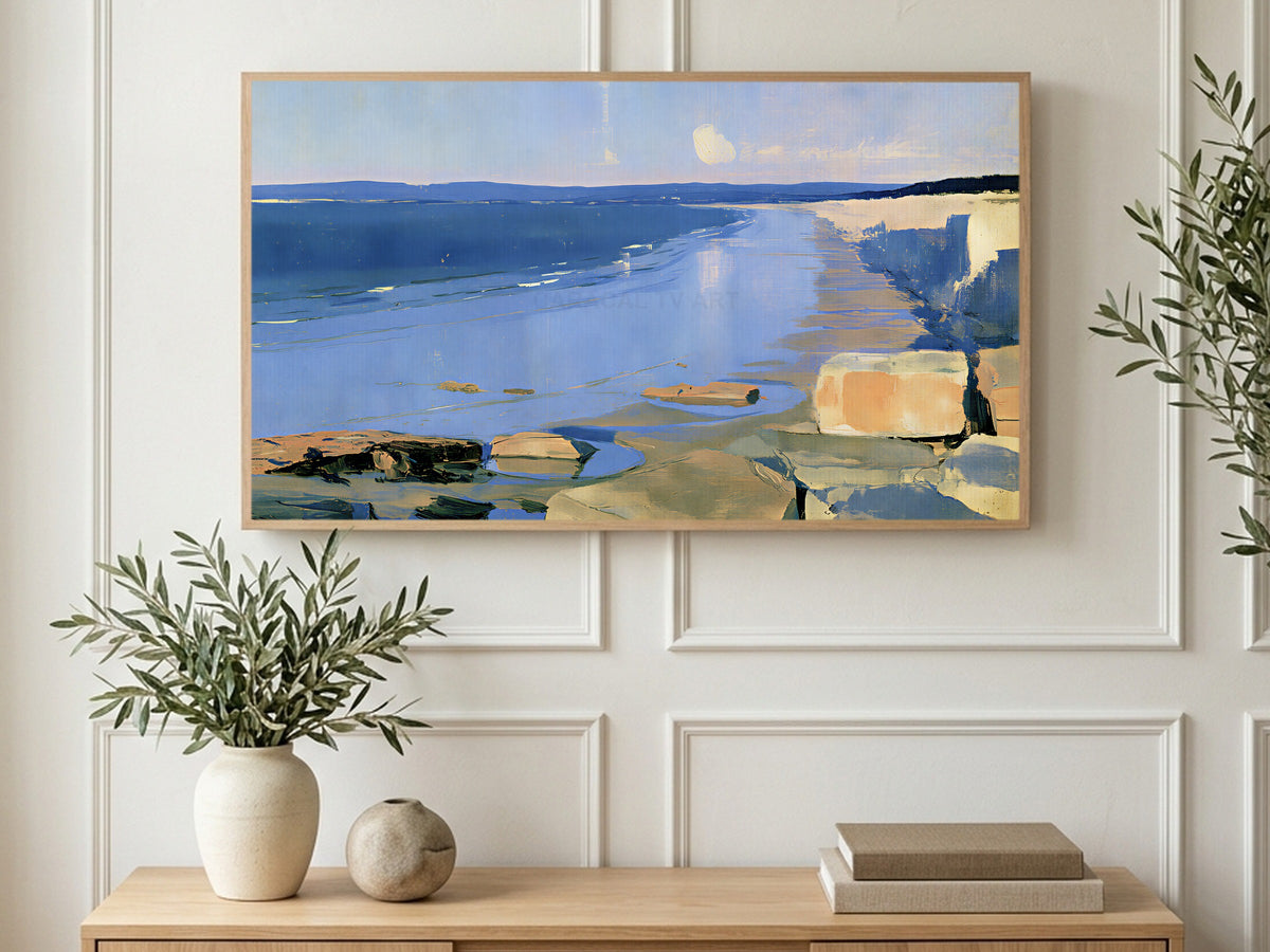 Low Tide Sandstone Cliffs art on a TV in a living room
