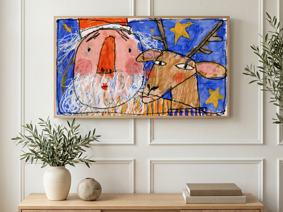 Crayon Santa and Reindeer art on a TV in a living room