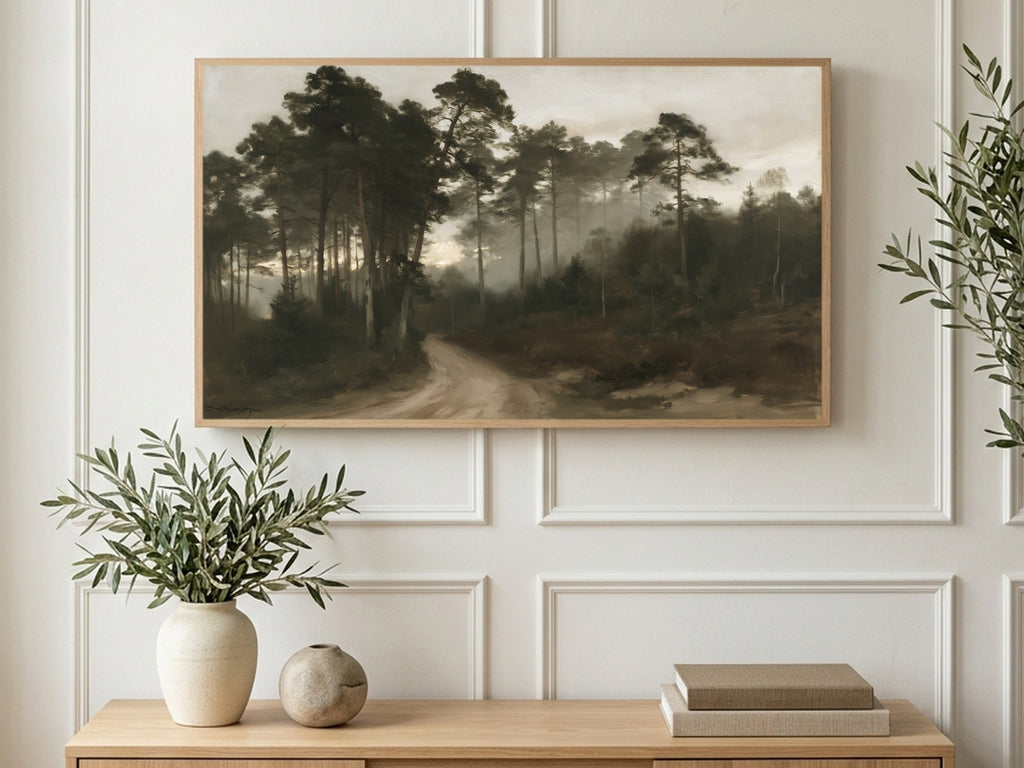 Misty Pine Forest Path art on a TV in a living room