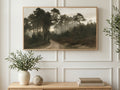 Misty Pine Forest Path art on a TV in a living room