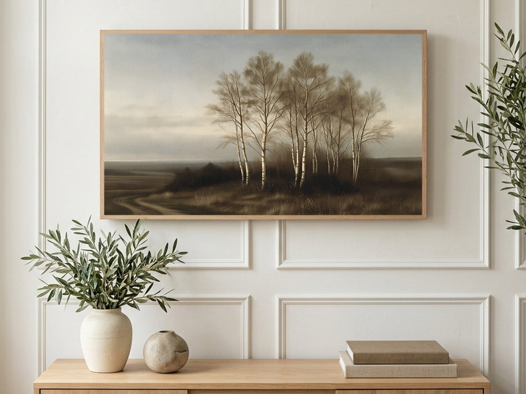Evening Birch Grove art on a TV in a living room