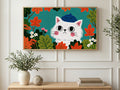 Beanie Cat in Leaves art on a TV in a living room