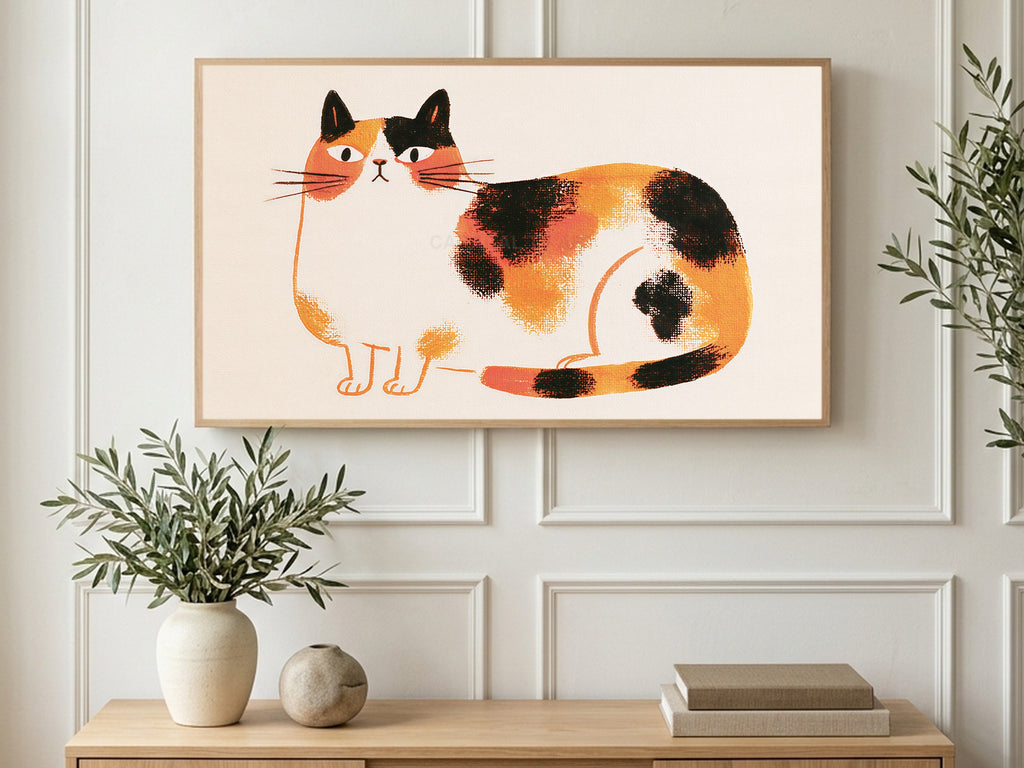 Chubby Calico Cat art on a TV in a living room