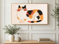 Chubby Calico Cat art on a TV in a living room