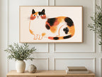 Chubby Calico Cat art on a TV in a living room