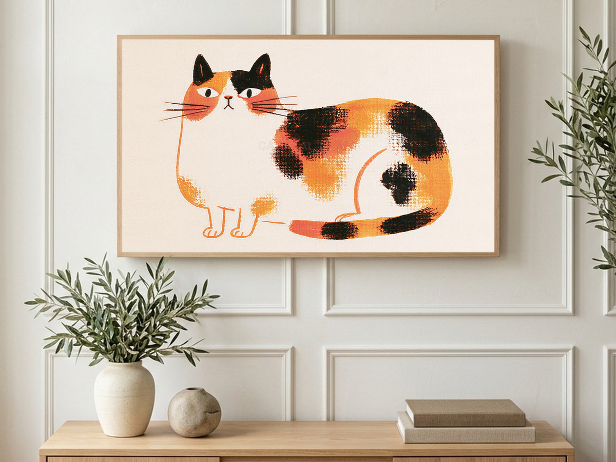Chubby Calico Cat art on a TV in a living room