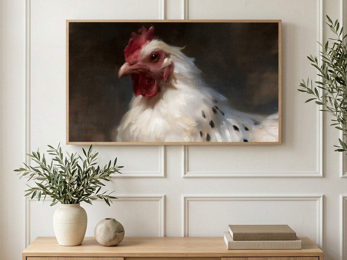 White Hen Portrait art on a TV in a living room