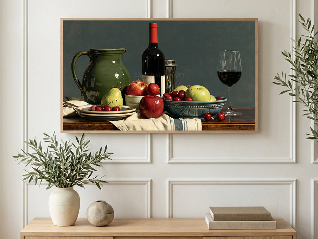 Wine Jug and Cherries art on a TV in a living room
