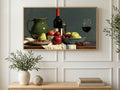 Wine Jug and Cherries art on a TV in a living room