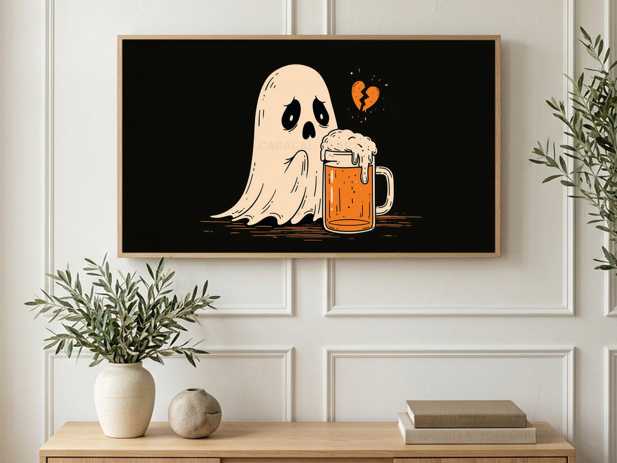 Heartbroken Beer Ghost art on a TV in a living room