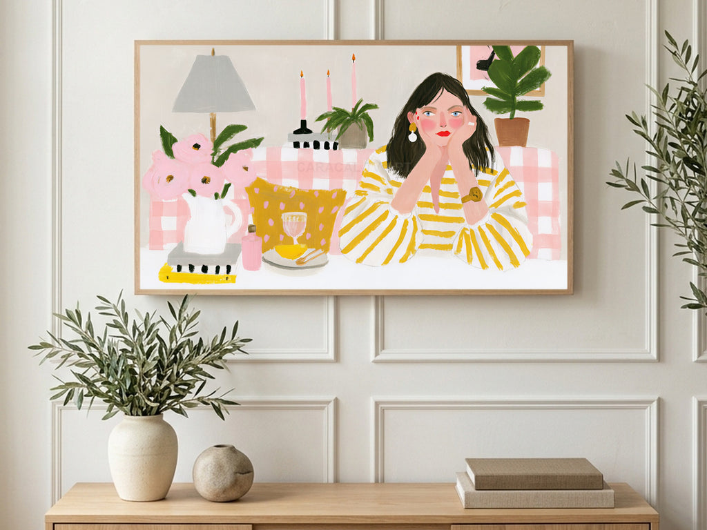 Pink Gingham Daydream art on a TV in a living room