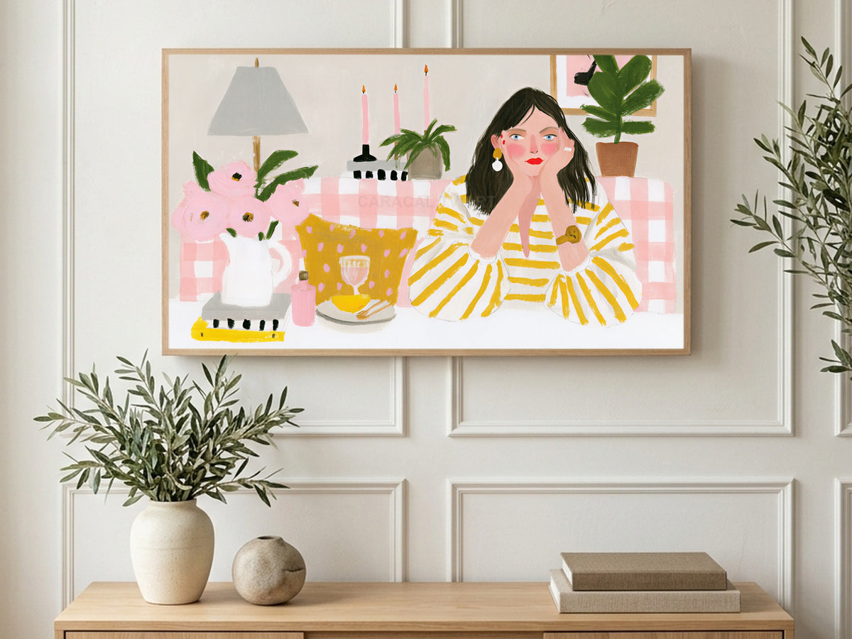 Pink Gingham Daydream art on a TV in a living room