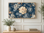 Navy Peony Chintz art on a TV in a living room