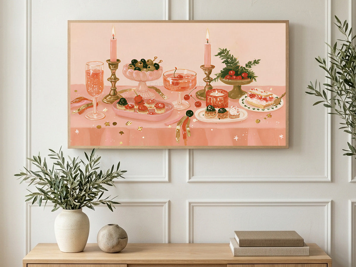 Pink Party Table art on a TV in a living room