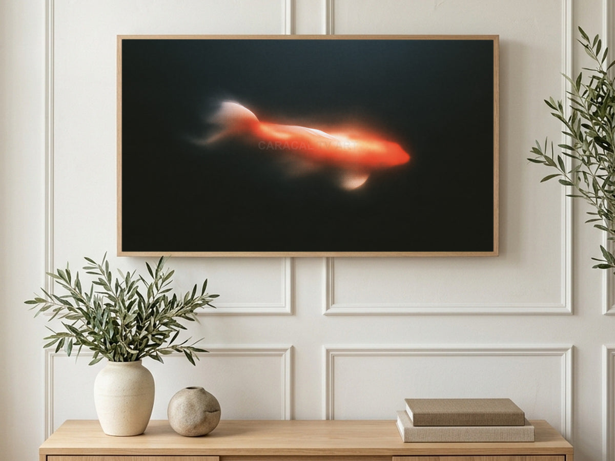 Glowing Koi at Night art on a TV in a living room