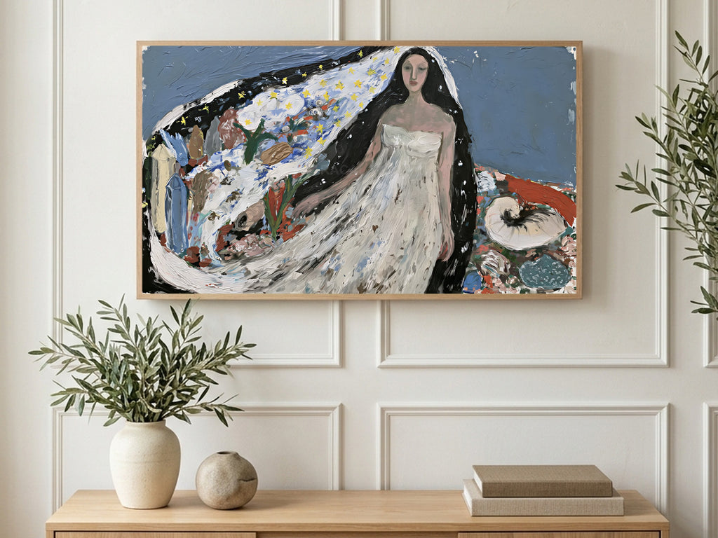 Starry Veil Woman art on a TV in a living room