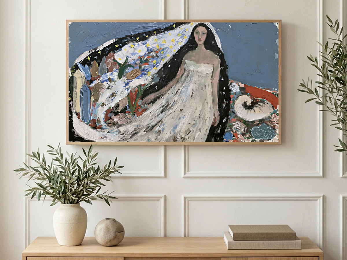 Starry Veil Woman art on a TV in a living room