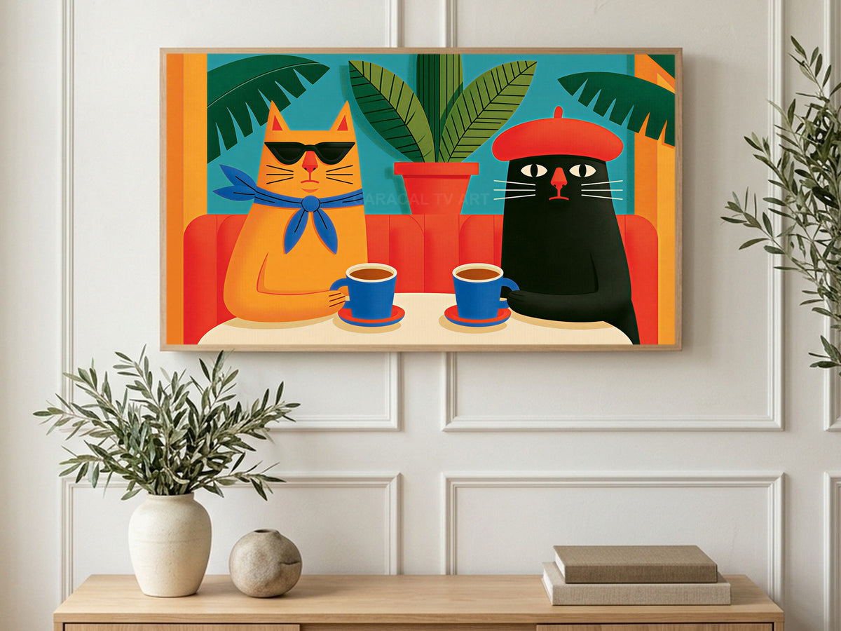 Two Cafe Cats art on a TV in a living room