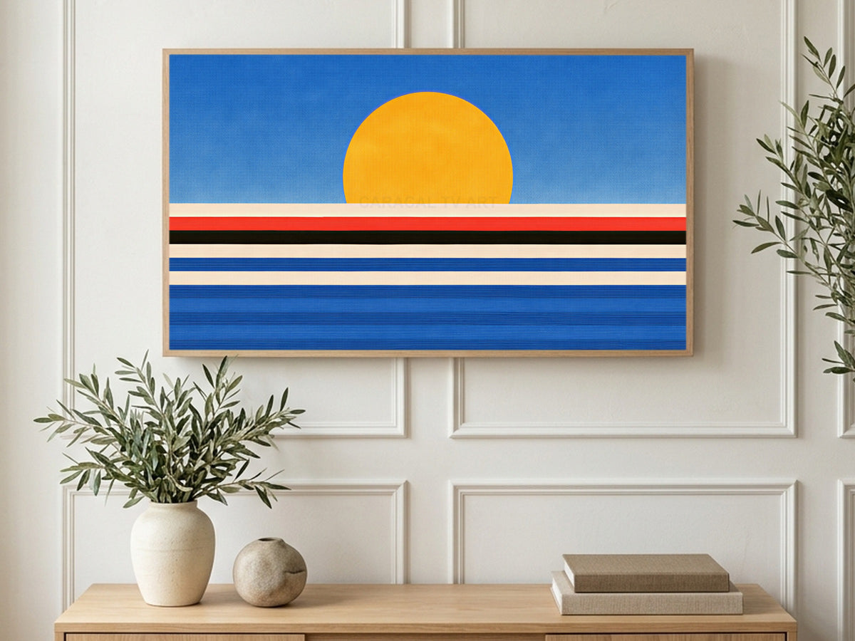 Striped Sea Sunset art on a TV in a living room
