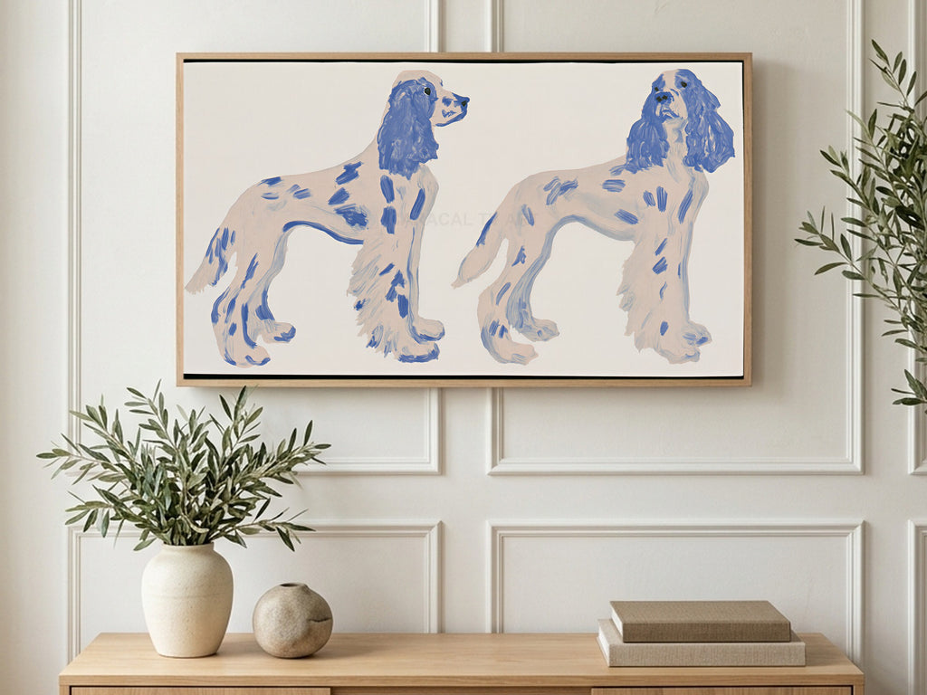 Blue Spaniel Figurines art on a TV in a living room