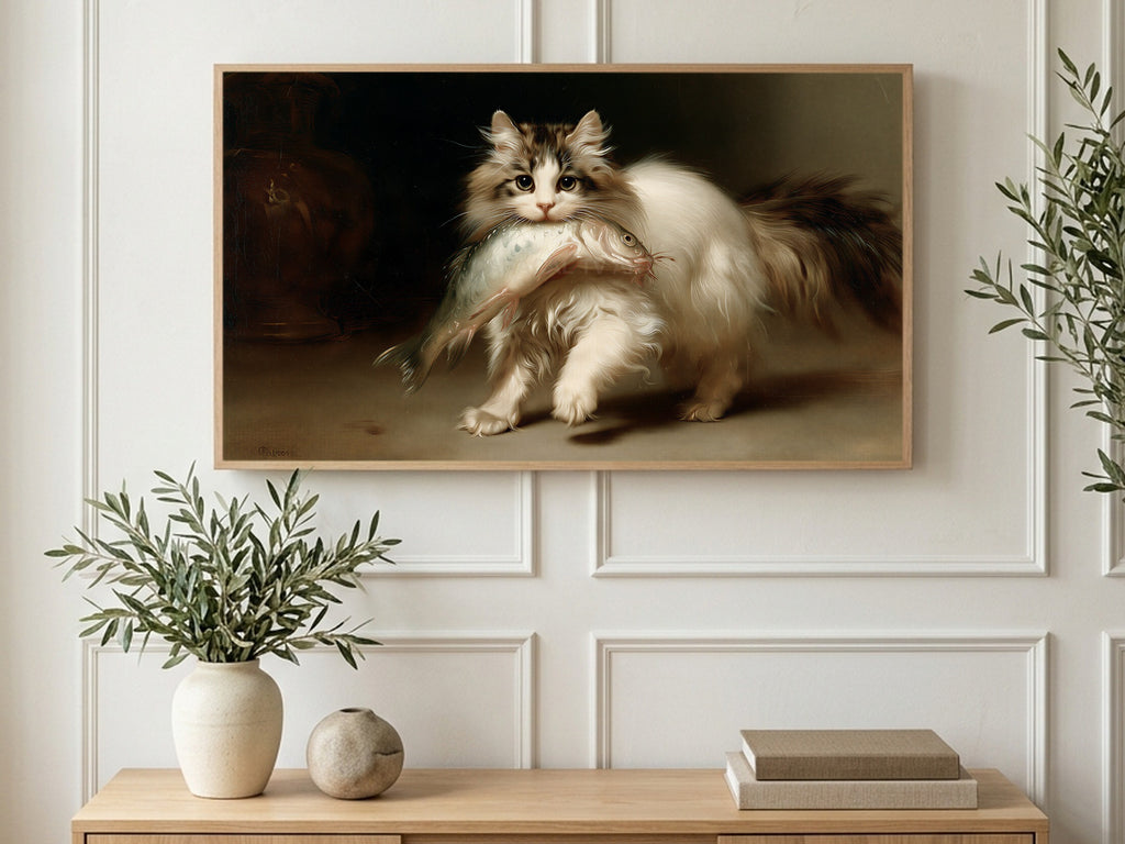 Kitten and Big Fish art on a TV in a living room