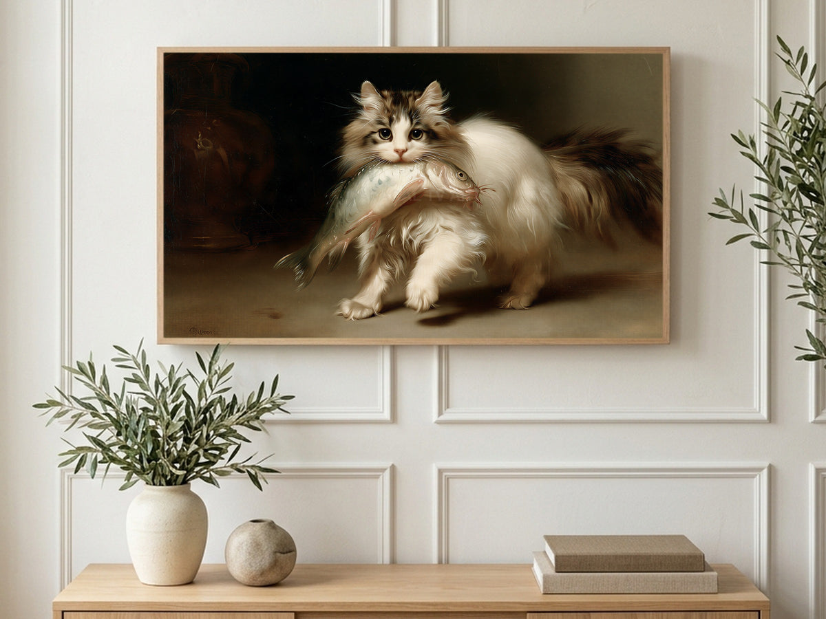 Kitten and Big Fish art on a TV in a living room
