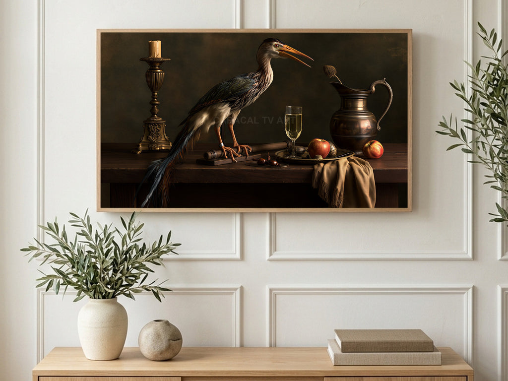 Heron and Copper Pitcher art on a TV in a living room