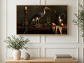 Heron and Copper Pitcher art on a TV in a living room