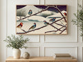 Songbirds on Snowy Thorns art on a TV in a living room