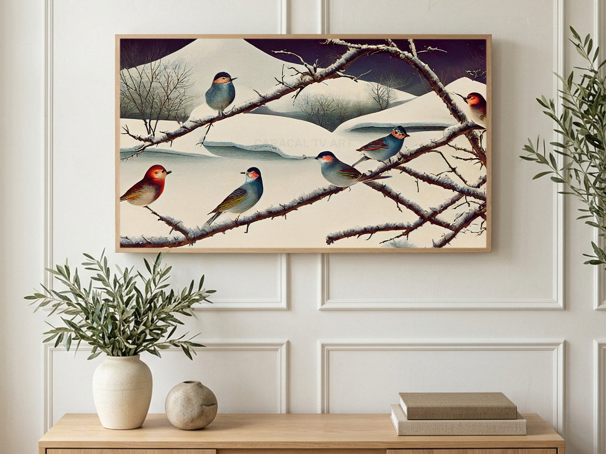 Songbirds on Snowy Thorns art on a TV in a living room