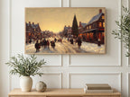 Golden Evening Village art on a TV in a living room