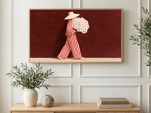 Burgundy Daisy Walk art on a TV in a living room