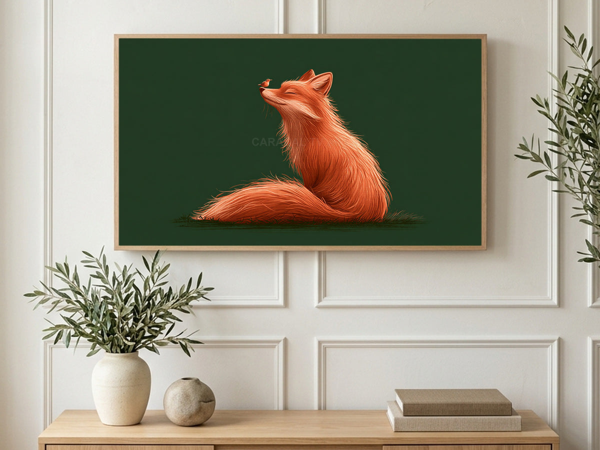 Fox and Robin art on a TV in a living room