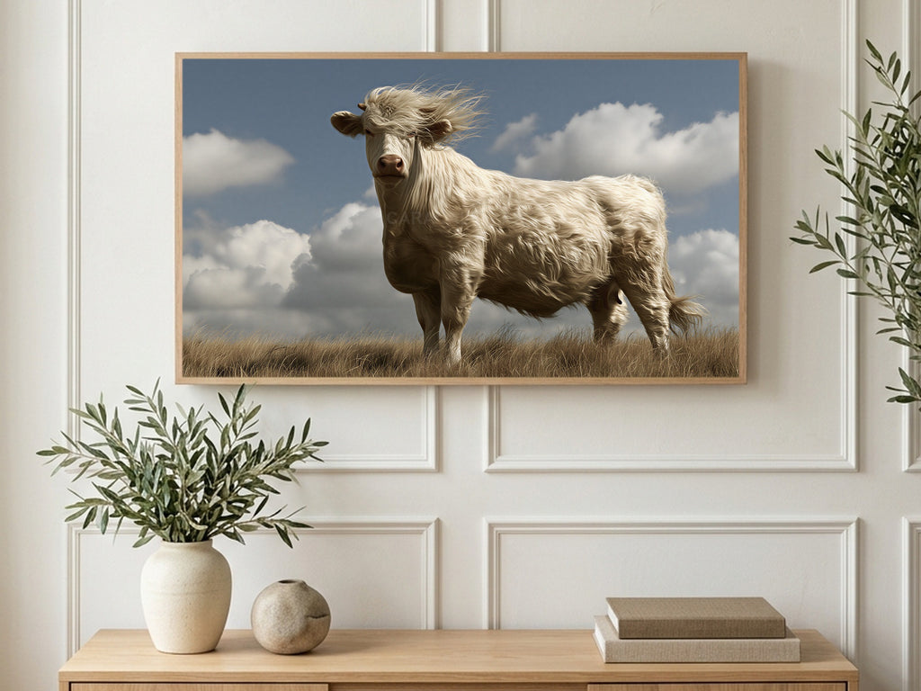 Windswept Cow art on a TV in a living room
