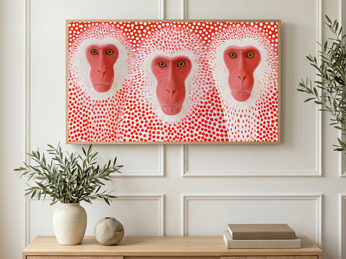 Polka Dot Snow Monkeys art on a TV in a living room
