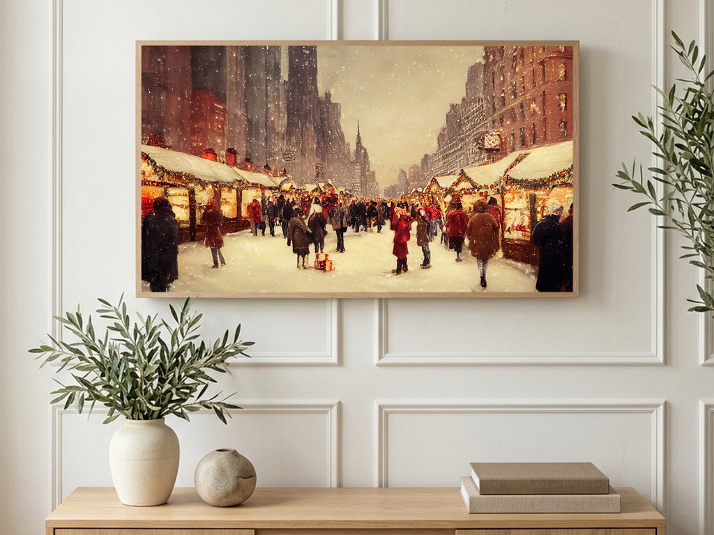 New York Winter Market art on a TV in a living room