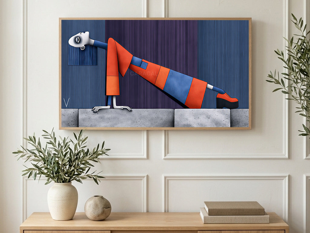 Surreal Leaning Woman art on a TV in a living room