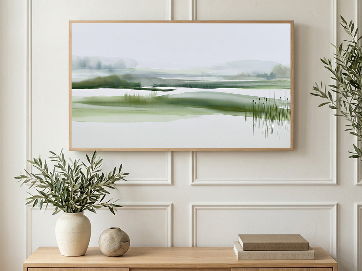 Misty Wetland Reeds art on a TV in a living room