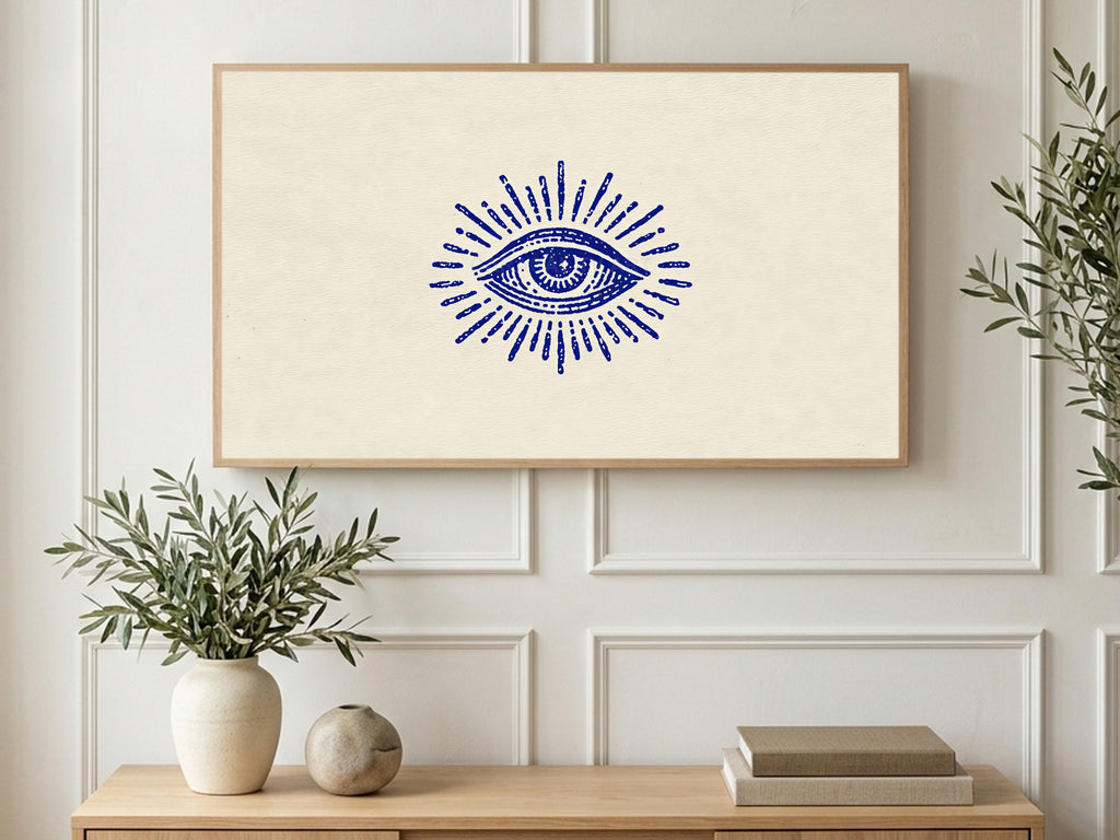 Blue Mystic Eye art on a TV in a living room
