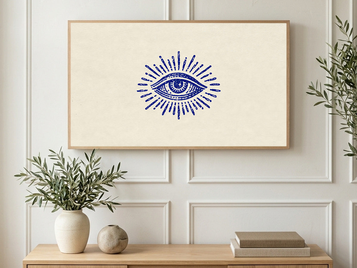 Blue Mystic Eye art on a TV in a living room