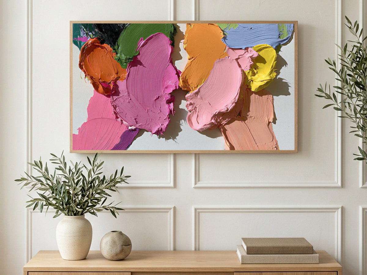 Glossy Pastel Strokes art on a TV in a living room