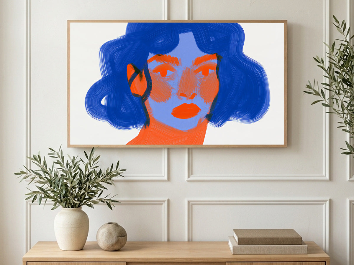 Cobalt Brushstroke Portrait art on a TV in a living room