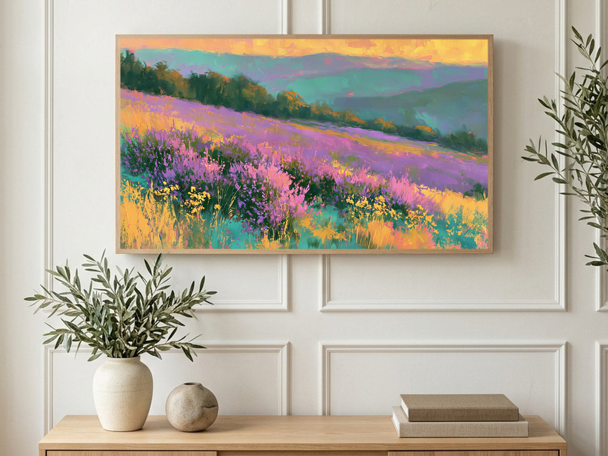 Purple Heather Hills art on a TV in a living room