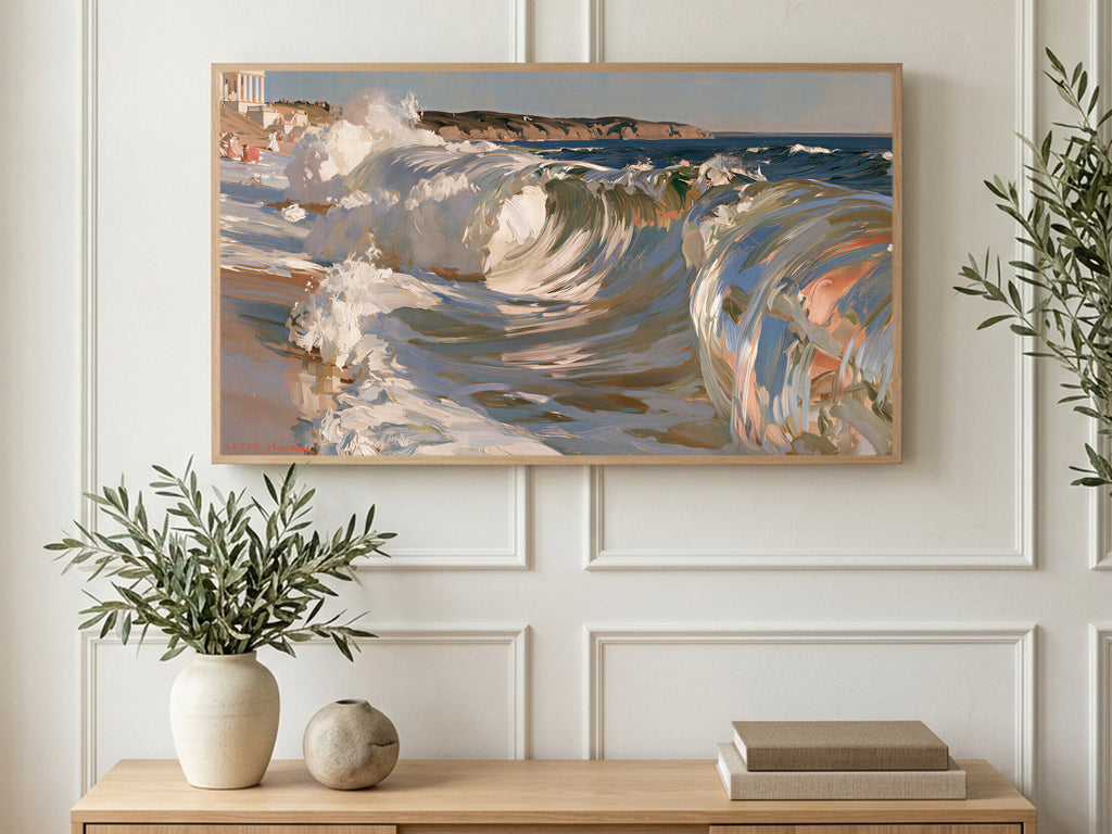 Curling Surf Waves art on a TV in a living room