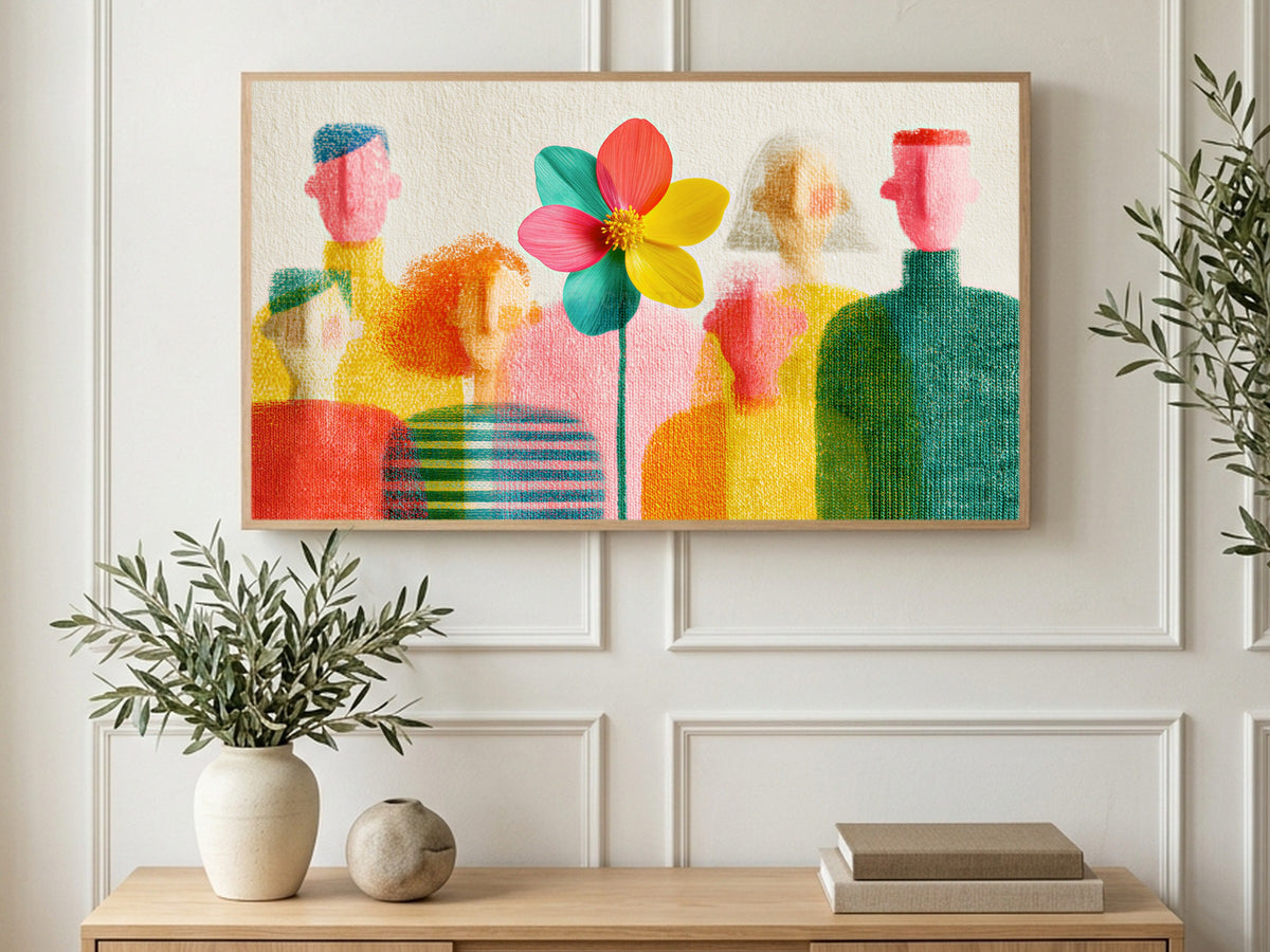 Rainbow Flower Crowd art on a TV in a living room